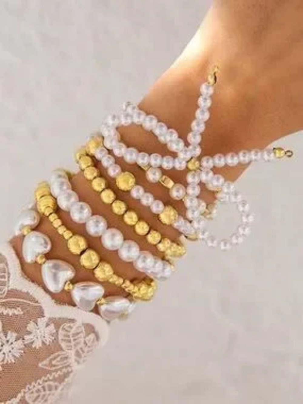 Anthropologie White Pearl & Gold Tone Bead Bracelet Stack